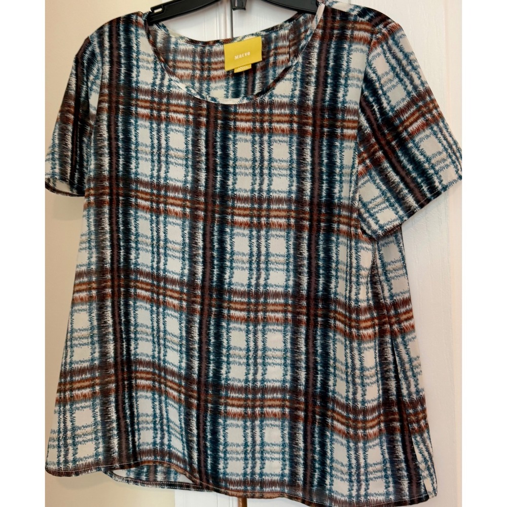 Maeve Anthropologie Blurred Plaid Ikat Print Short Sleeve Blouse Blue Brown S